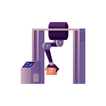Industrial robotic arm is loading box, packaging process, vector flat automatic Stock Illustration