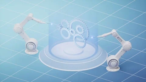 Industrial robotic arms assembling floating digital gears on blue futuristi.. Stock Footage 332387427