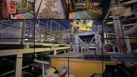 Industrial robotic equipment at work. Split screen montage. 4K. Stock Footage