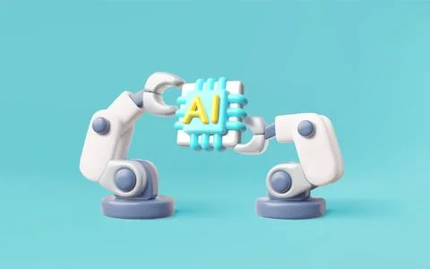 Industrial robotic hands hold microchip 3D vector illustration, chatbot Stock Illustration