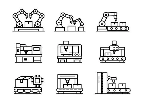 Industrial Robotics and Automation Process Line Icon Set for Manufacturing 스톡 일러스트
