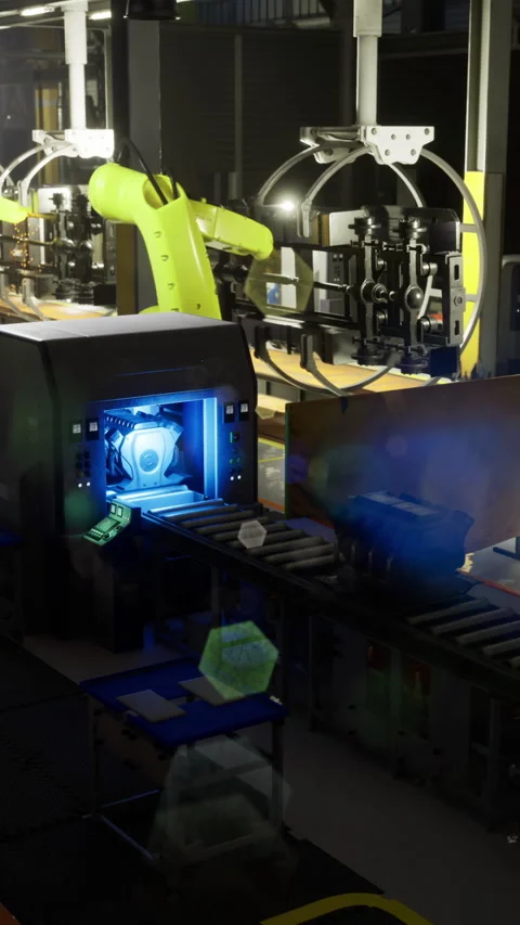 Industrial robotics assembly line operating in a modern facility at night Stock Footage 323954470