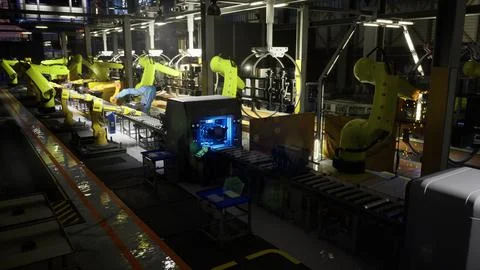 Industrial robotics assembly line operating in a modern facility at night Stock Illustration