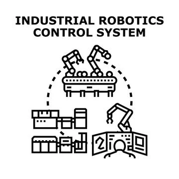 Industrial robotics control system automating factory production process Stock Illustration