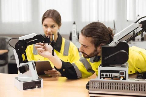 Industrial Robotics program university students learning education mechanic.. Stock Photos