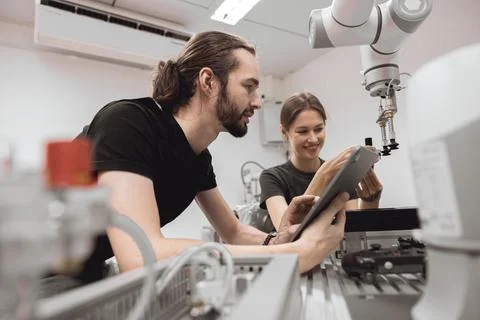 Industrial Robotics program university students learning education mechanic.. Foto stock