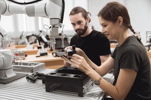 Industrial Robotics program university students learning education mechanic.. Stock Photos