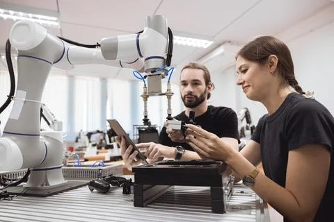 Industrial Robotics program university students learning education mechanic.. Stock Photos