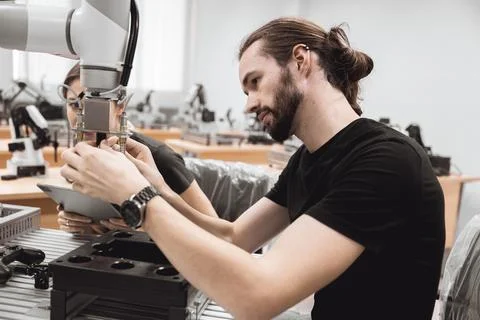 Industrial Robotics program university students learning education mechanic.. 스톡 사진