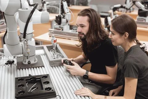 Industrial Robotics program university students learning education mechanic.. Foto stock