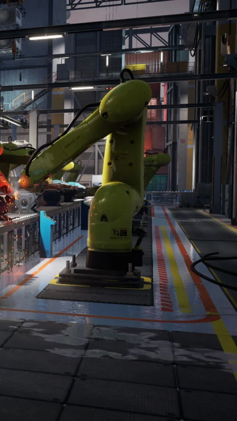 Industrial robots in action during assembly line work in a factory Stock Footage 335100437
