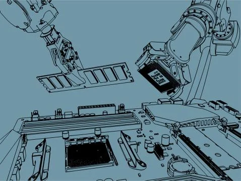 Industrial robots assemble a computer Stock Illustration