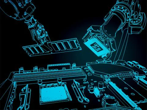 Industrial robots assemble a computer Illustrazione stock