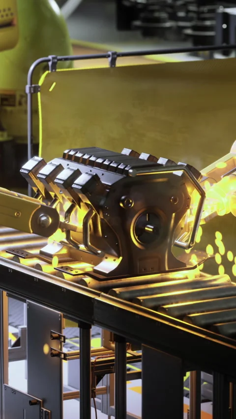 Industrial robots assembling components in a high tech manufacturing facility Stock Footage 323954491