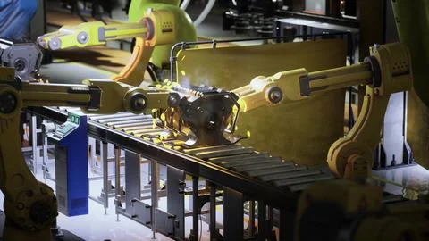 Industrial robots assembling components in a high tech manufacturing facility Stock Illustration