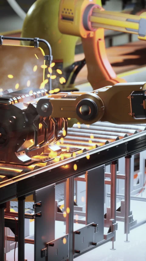 Industrial robots assembling engine parts in a manufacturing facility Stock Footage 335155723