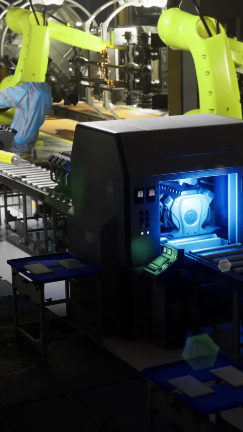 Industrial robots automate production process in a modern factory setting Stock Footage 341388557