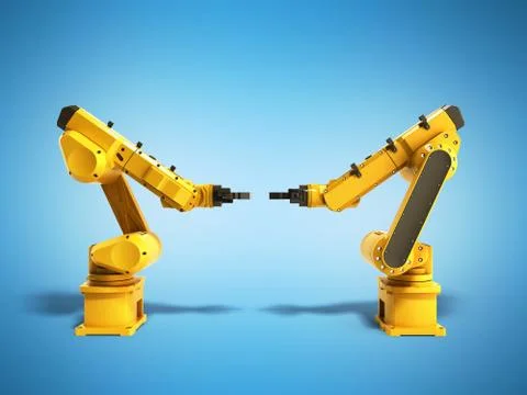 Industrial robots on blue background 3D rendering Illustrazione stock