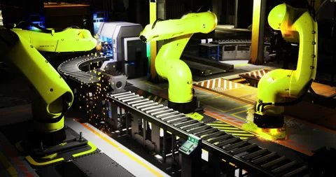 Industrial robots work on assembly line in a modern manufacturing facility Stock Footage 341729318