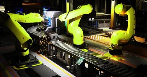 Industrial robots work on assembly line in a modern manufacturing facility Stock Illustration