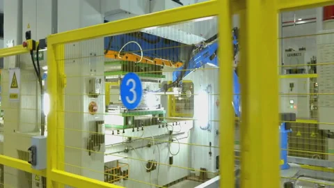Industrial robots work in a high-tech production workshop Video stock 116329515