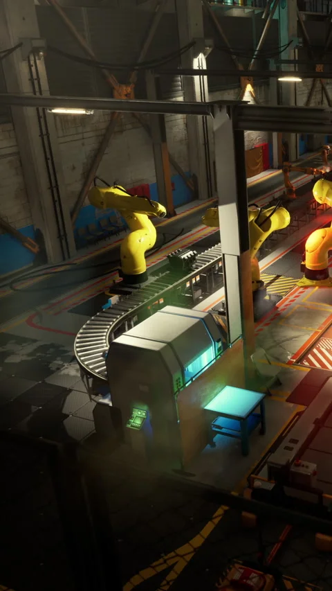 Industrial robots at work in a manufacturing facility during daytime hours Stock Footage 339044939
