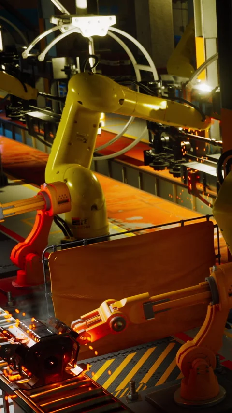Industrial robots at work in a manufacturing facility during daylight hours Stock Footage 339782503