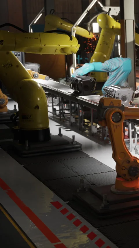 Industrial robots work on a production line in a factory during daylight hours Stock Footage 341041314