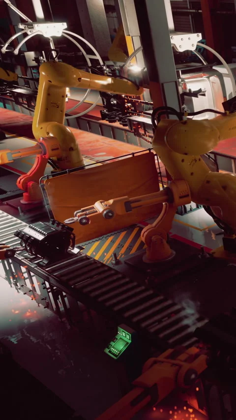 Industrial robots work together on assembly line during production time Stock Footage 339044217