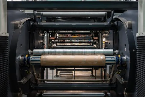 Industrial Roll to Roll Offset Machine Inner Workings Paper Output Input Prin Stock Photos