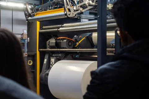 Industrial Roll to Roll Offset Machine Inner Workings Paper Output Input Prin Stock Photos