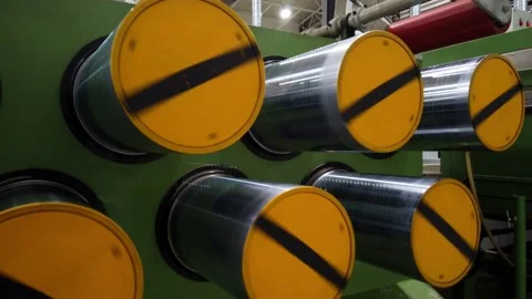 Industrial Rolling Machine. Wheel stretching filament a Stock Footage 148411315
