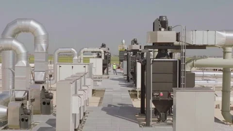 Industrial rooftop ventilation system with large metal ducts and industrial.. Stock Footage 337415764