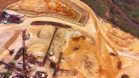 Industrial sand processing plant with conveyors and heavy machinery Stock Footage 333478455