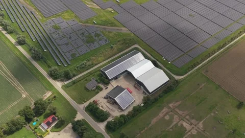Industrial scale solar panels over fields, clean energy, Netherlands Stock Footage 315850405