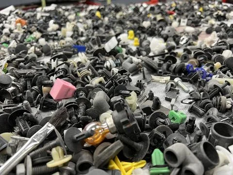 Industrial scene with an array of auto parts Stock Photos