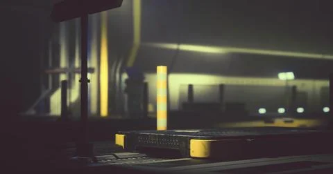 Industrial scene featuring a platform with yellow markings at night Stock Illustration