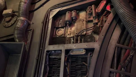 Industrial Sci Fi Control Panel Wall with Cables, Vents and Machinery Stock Footage 345369784