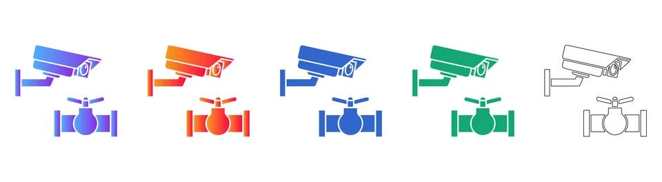 Industrial Security Camera and Pipe Valve Icon Set Stock Illustration