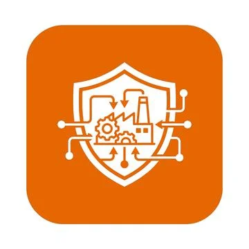Industrial security shield icon with orange background and factory infrastr.. Illustrazione stock