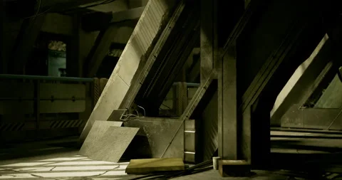 Industrial setting with angular architecture and dim lighting in a large space Vídeos de archivo 316213053