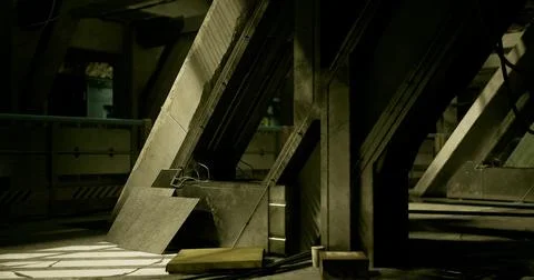 Industrial setting with angular architecture and dim lighting in a large spac 스톡 일러스트