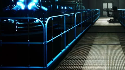 Industrial setting in a factory with blue railings and machinery in use Stock Footage 344971353