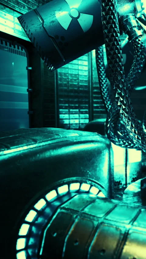 Industrial setting features machinery and pipes in a blue green light Stock Footage 336583949