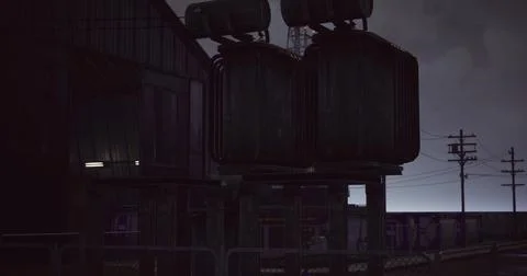 Industrial setting illuminated by evening light with electric transformers Stock Illustration