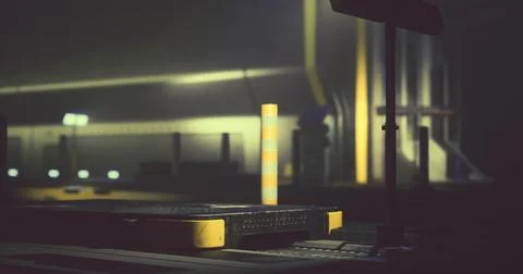 Industrial setting with yellow and gray platform illuminated in low light Stock Illustration