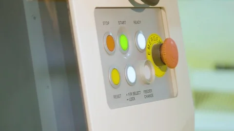 Industrial setup. Close up on factory worker's hand pushing a machinery button Stock Footage 86798706