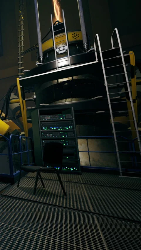 Industrial setup with computer equipment and ladder in a workshop area Stock Footage 332220900