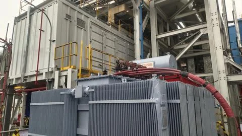 Industrial setup featuring a transformer and equipment for energy management. Stock Photos