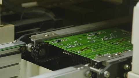 Industrial setup. Printed circuit board on the assembly line Stock Footage 86798716